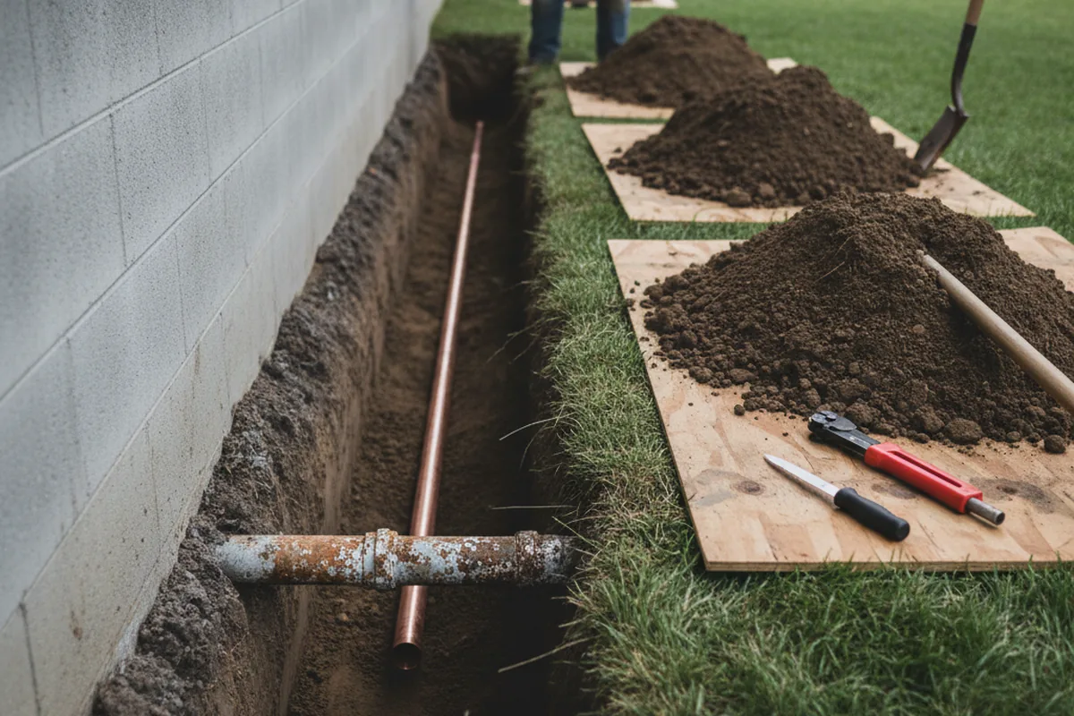 Excavated water line trench during Sewer Line Repair in Madill